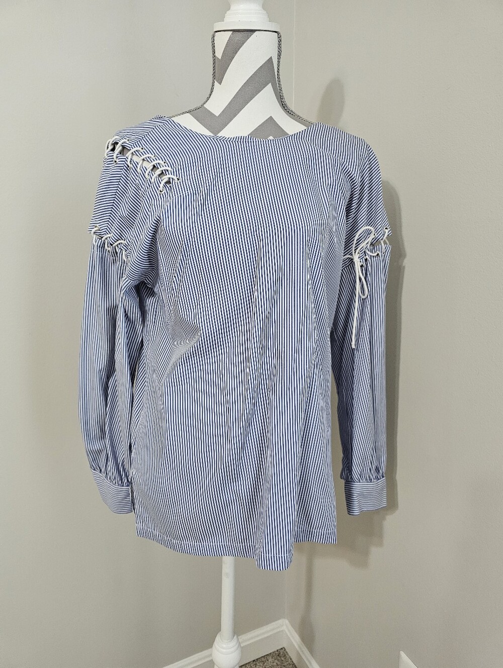 Blue Stripe Lace-Up Long-Sleeve Women’s Top